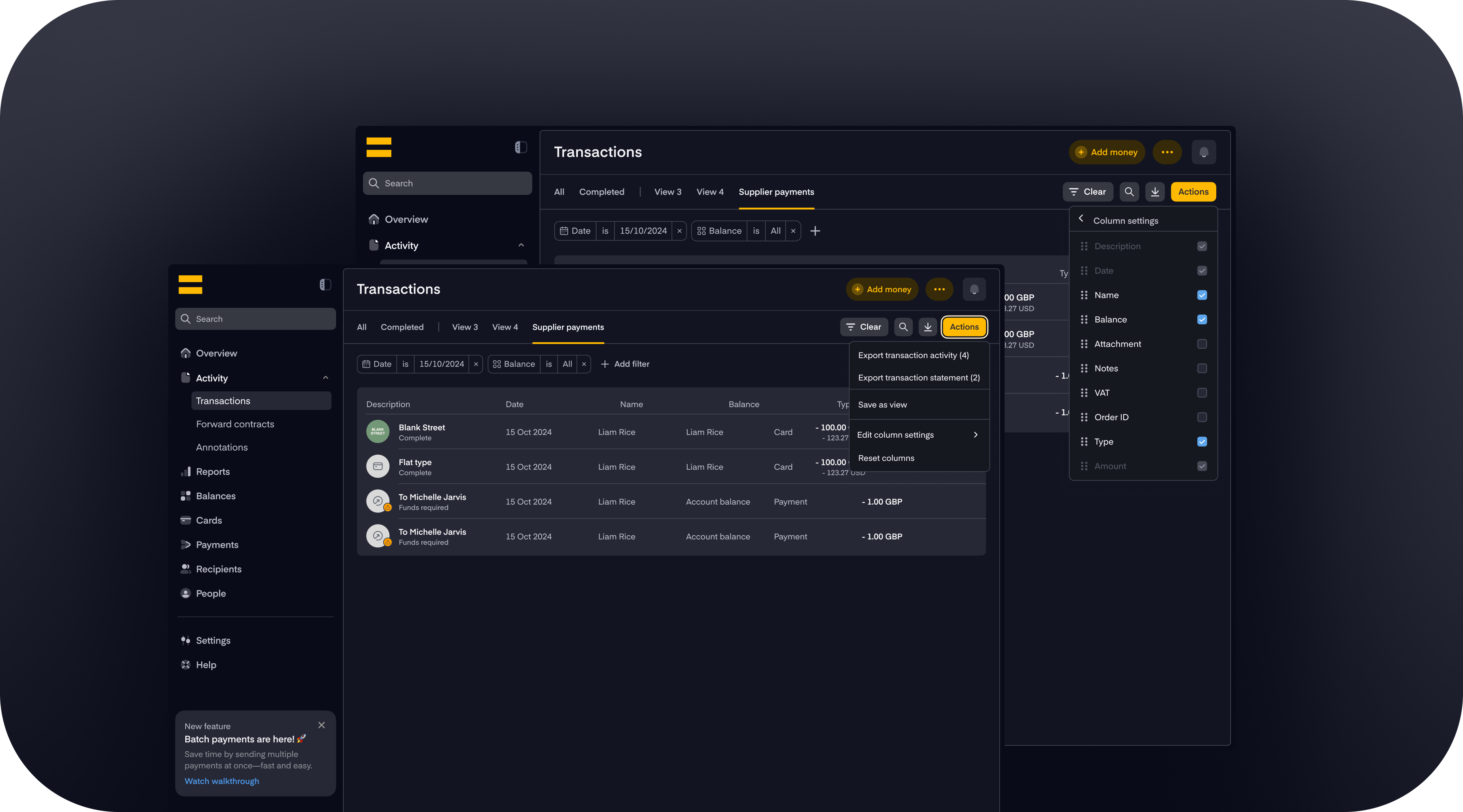 Custom views feature in Equals Money showing configurable transaction layouts and filters